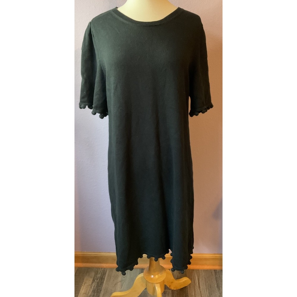 Banana Republic Black Pom‎ Pom Fringe Short Sleeve Knit Sweater Dress Size Large